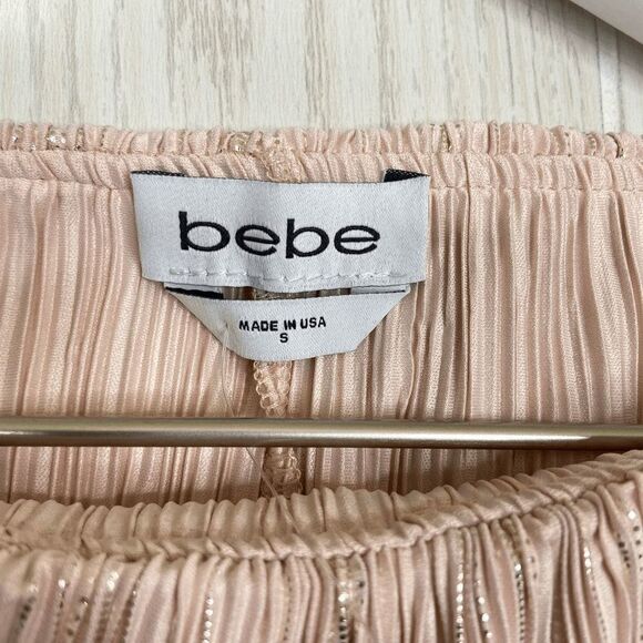 Bebe Women's Cross Detail Ruffle Top Pink Size Small Metallic Striped - Picture 3 of 6